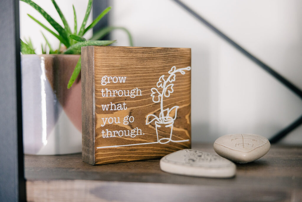 Wooden sign with a line drawing of a plant and the quote "grow through what you go through," placed beside engraved stones and a potted plant. A calming, supportive visual often used in spaces focused on healing emotional eating patterns.