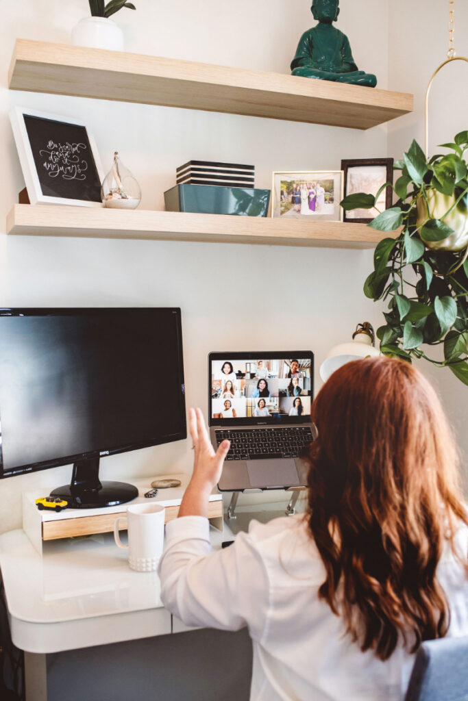Woman on video call with group, offering support on how to handle bad body image days.